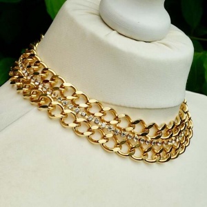 Gold Plated and Rhinestone Chain Collar Necklace circa 1980s